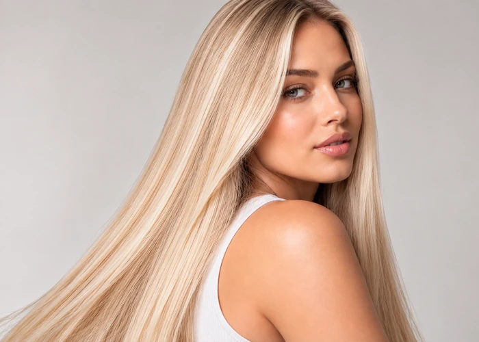 Cheveux longs, blonds et lisses.